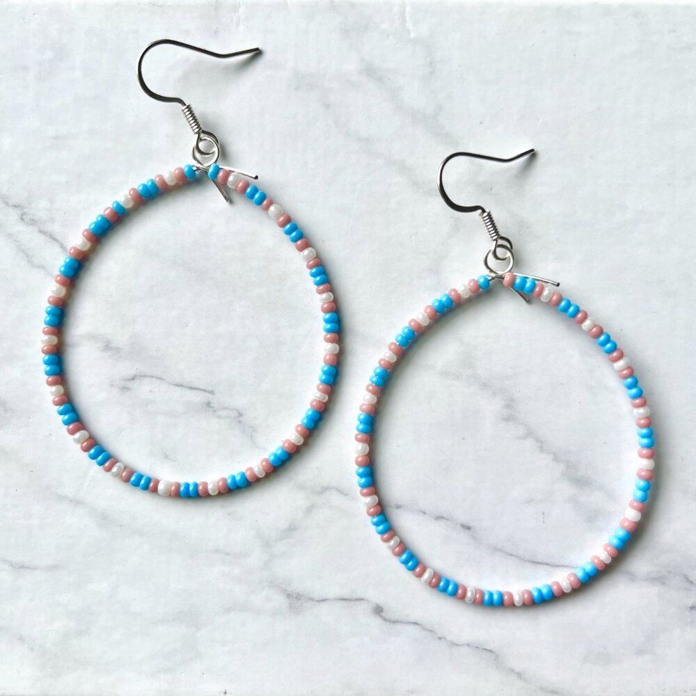 Trans Flag Hand Beaded Tear Drop Earrings